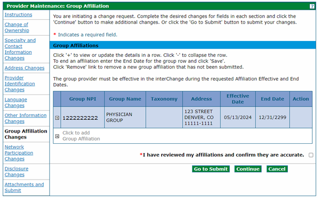 Screenshot of the Provider Maintenance Group Affiliation panel in the Provider Web Portal
