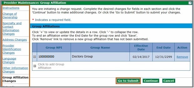 Screenshot of Group Affiliations panel and button at bottom right for Go To Submit