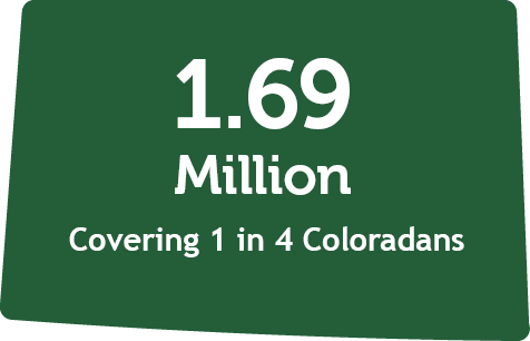 Graphic in shape of state of Colorado with words 1.69 million (members) covering 1 in 4 Coloradans.