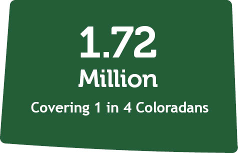 Graphic in shape of state of Colorado with words 1.72 million (members) covering 1 in 4 Coloradans.