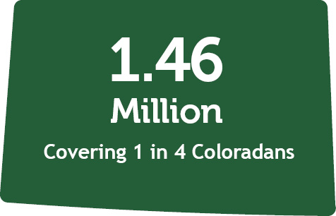 Graphic in shape of state of Colorado with words 1.42 million (members) covering 1 in 4 Coloradans.