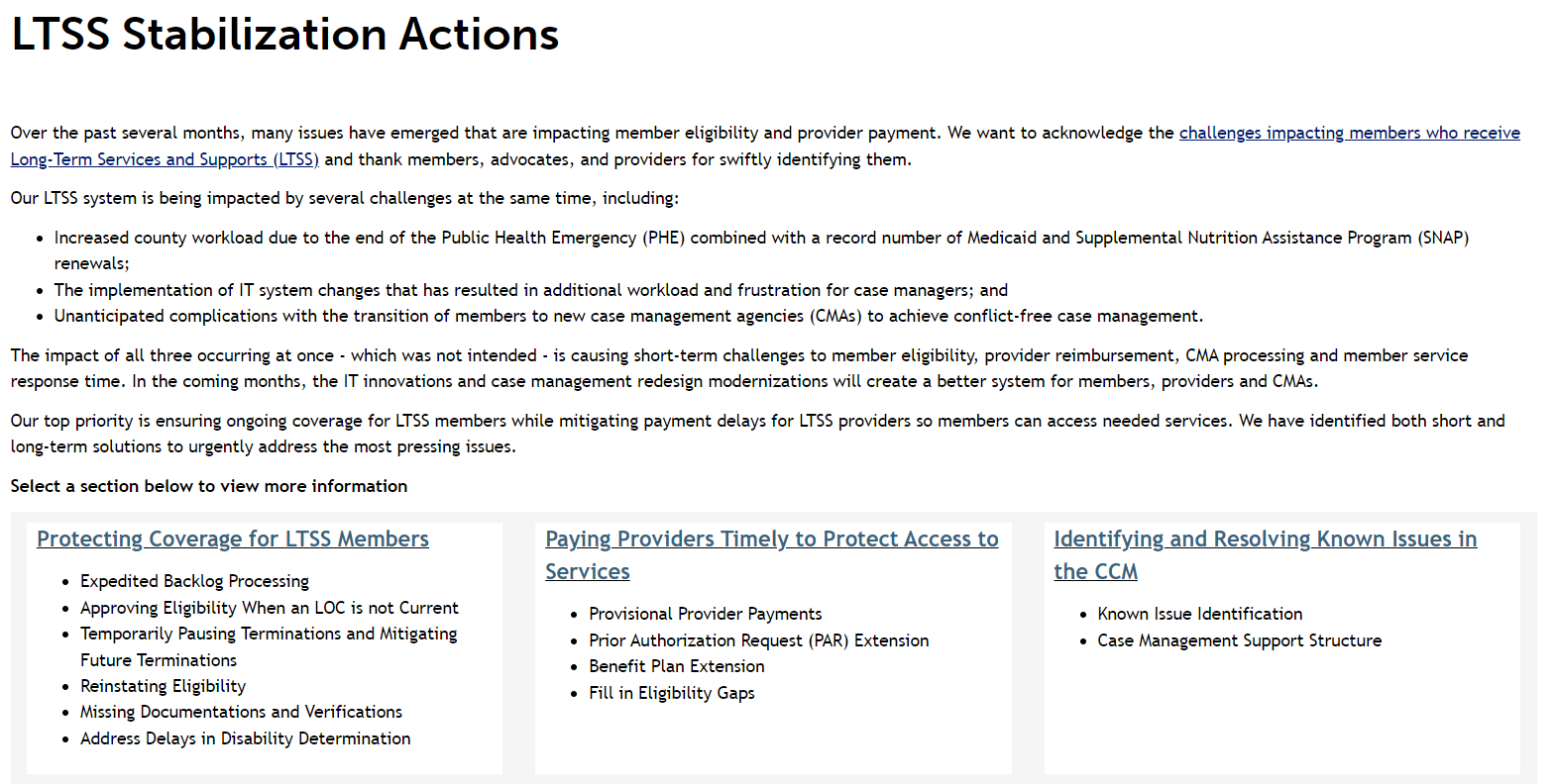 Screenshot of the LTSS Stabilization Actions page