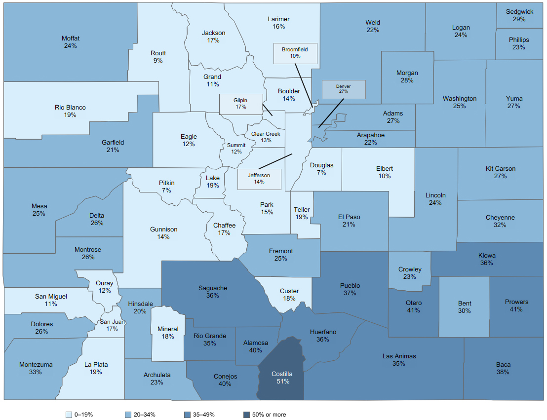 Colorado county map of combined Health First Colorado and Child Health Plan Plus enrollment showing 26 counties with 0-19% enrollment, 26 counties with 20-34%, 11 with 35-49% and 1 with 50% or more.