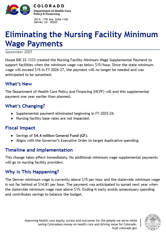 Screenshot of the Eliminating the Nursing Facility Wage Payments Fact Sheet