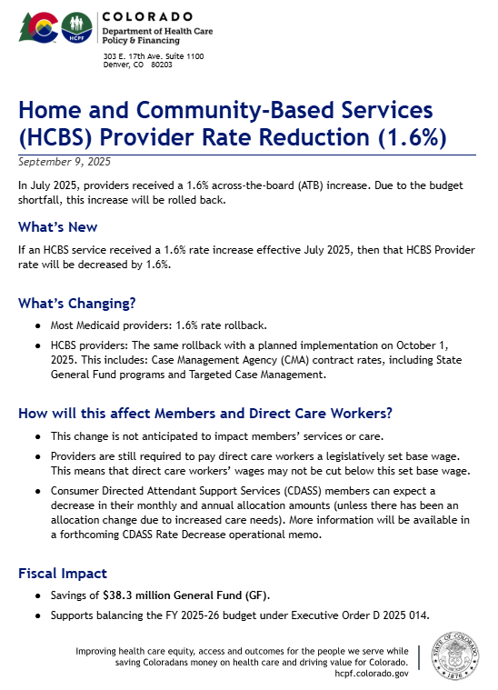 Screenshot of the HCBS Provider Rate Reduction Fact Sheet