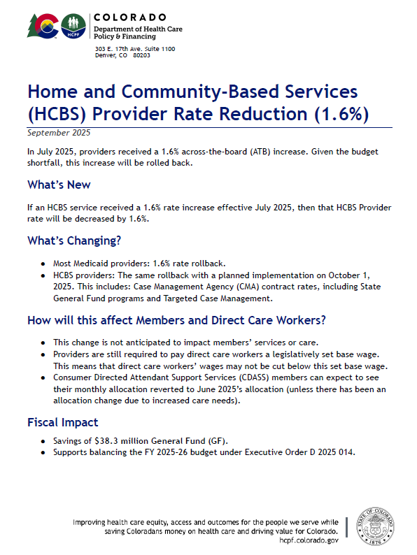 Screenshot of the HCBS Provider Rate Reduction Fact Sheet
