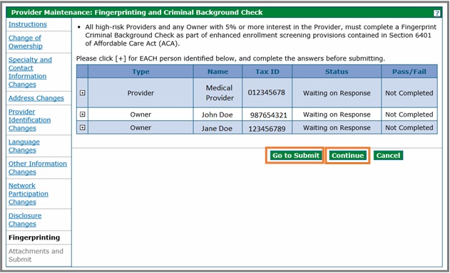 Provider Maintenance Fingerprinting screenshot