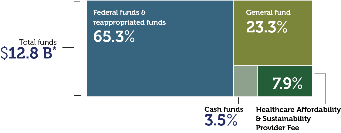Tree map of expenditures with federal funds & reappropriated funds at 65.3%, general fund 23.3%, Healthcare Affordability & Sustainability Provider Fee 7.9% and cash funds 3.5% with total funds at $12.8 billion.