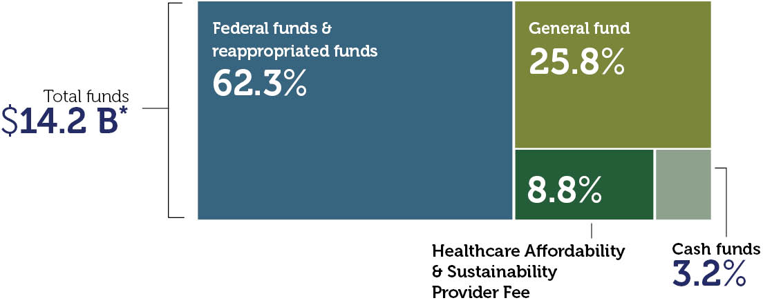 Tree map of expenditures with federal funds and reappropriated funds at 62.3%, general fund 25.8%, Healthcare Affordability and Sustainability Provider Fee 8.8% and cash funds 3.2% with total funds at $14.2 billion.
