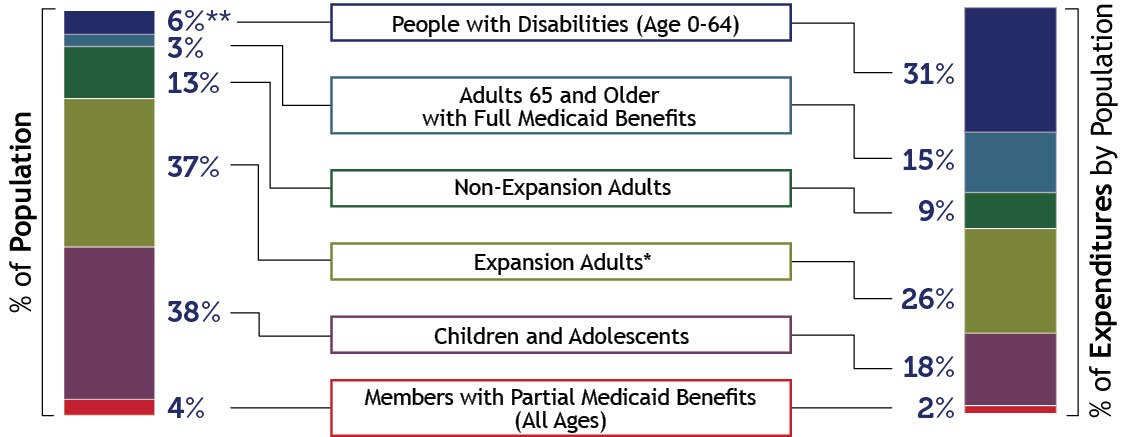 Two stacked bar charts comparing member populations with the expenditures by the same population; the highest being children and adolescents at 38% population and 18% expenditure, and expansion adults at 37% population and 26% expenditure. The lowest is members with partial Medicaid benefits at 4% and 2% and the highest contrast is people with disabilities at 6% and 31%.