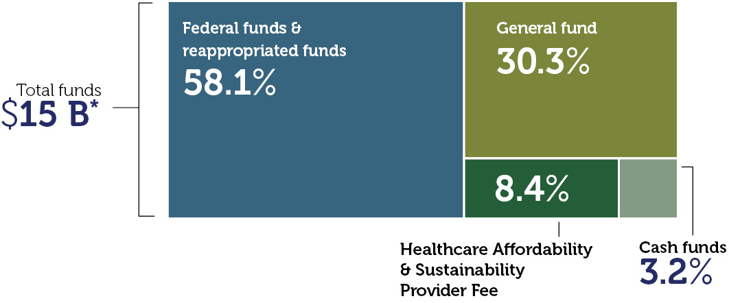 Tree map of expenditures with federal funds and reappropriated funds at 58.1%, general fund 30.3%, Healthcare Affordability and Sustainability Provider Fee 8.4% and cash funds 3.2% with total funds at $15 billion.