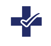 A blue medical cross and a checkmark