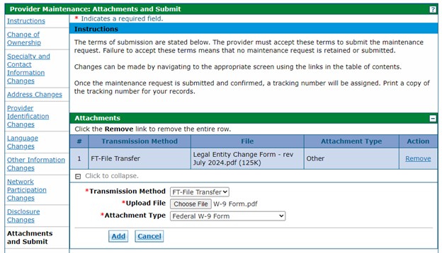 screenshot showing Federal W-9 Form as attachment type