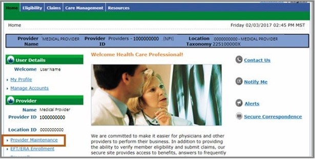 home page with Provider Maintenance circled