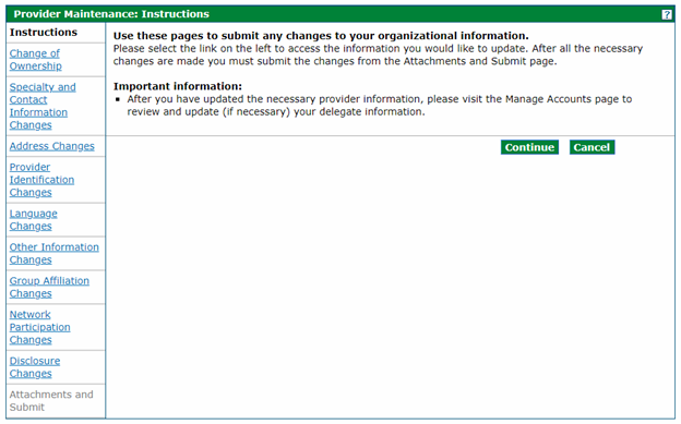 screenshot of Provider Maintenance instructions