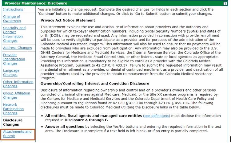 screenshot of Provider Maintenance Disclosure