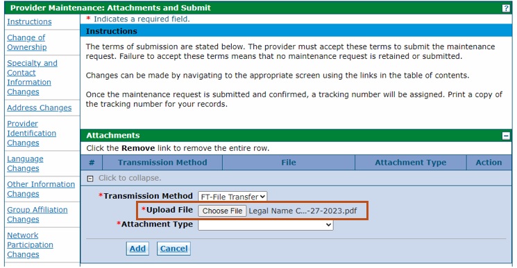 screenshot of Provider Maintenance upload file