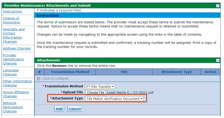 screenshot of Provider Maintenance attachment type