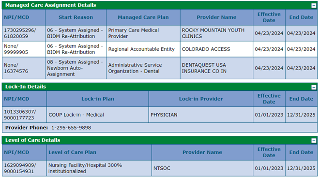 Managed Care Assignment Details Panel 1