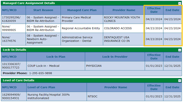 Managed Care Assignment Details Panel 2
