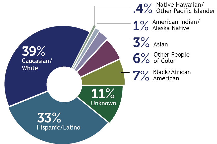 Pie chart showing member breakdown by race with Caucasian/white at 39%, Hispanic/Latino 33%,  unknown 11%, African American/Black 7%, other people of color 6%, Asian 3%, American Indian/Alaska Native 1% and Native Hawaiian/other Pacific Islander .4%.