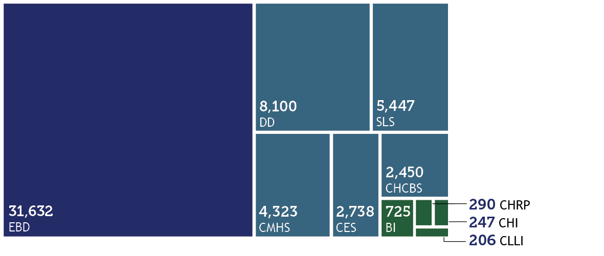 Tree map showing breakdown of members on waivers with the largest quantity at 31,632 on EBD, 8,100 DD, 5,447 SLS, 4,323 CMHS, 2739 CES, 2,450 CHCBS and 725 BI.