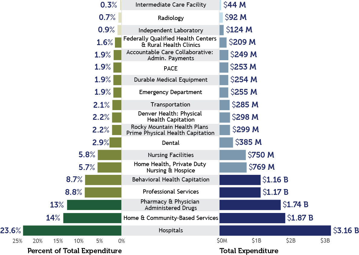 Horizontal bar charts showing payment breakdown in percentage and dollars to Health First Colorado Partners with the largest to hospitals, home and community-based services, pharmacy and physician administered drugs, professional services and behavior health capitation from $3.16 to $1.16 billion and 23.6% to 8.7% respectively. The remaining payments are in millions with the lowest at $44 million and .03% for intermediate care facilities.