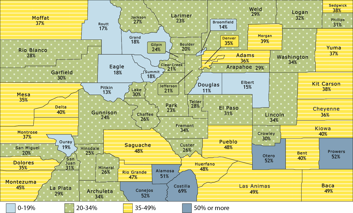 Colorado map of Health First Colorado and Child Health Plan Plus members by county, combined. 9 counties with 0-19% enrollment, 29 counties with 20-34%, 21 with 35-49% and 5 counties with 50% or more.