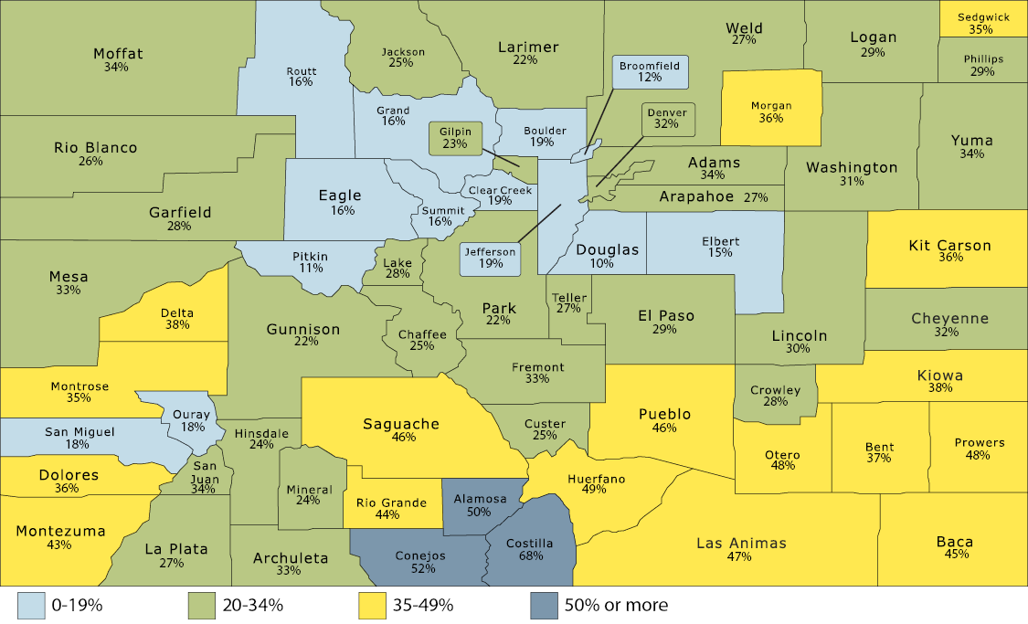 Colorado map of Health First Colorado and Child Health Plan Plus members by county, combined. 13 counties with 0-19% enrollment, 31 counties with 20-34%, 17 with 35-49% and 3 counties with 50% or more.