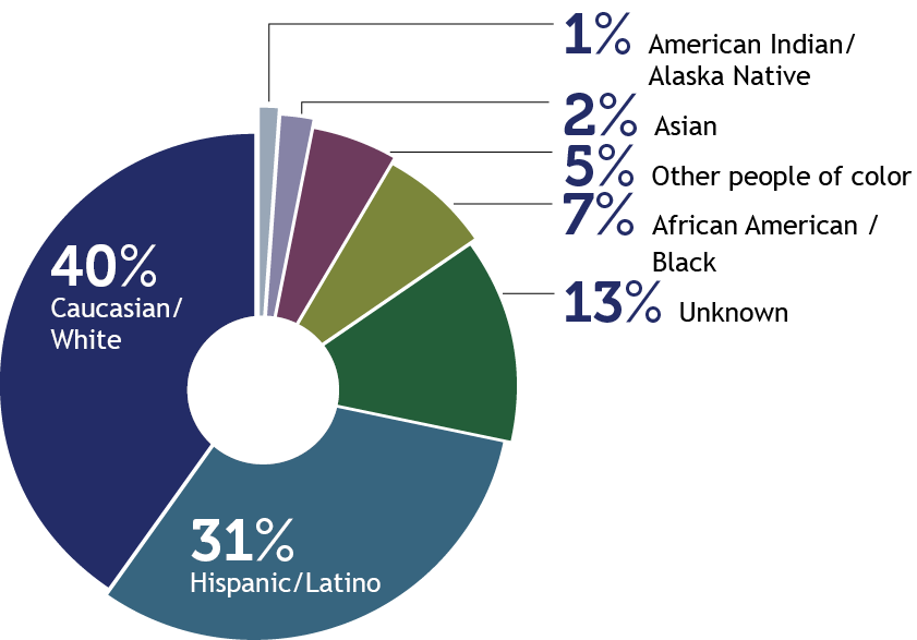 Pie chart showing member breakdown by race with Caucasian/white at 40%, Hispanic/Latino 31%, 13% unknown, African American/Black 7%, other people of color 5%, Asian 2% and American Indian/Alaska Native 1%.
