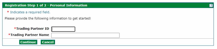 screenshot of registration for trading partner