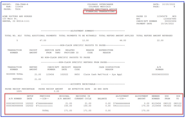 Screenshot of RA Financial Transactions