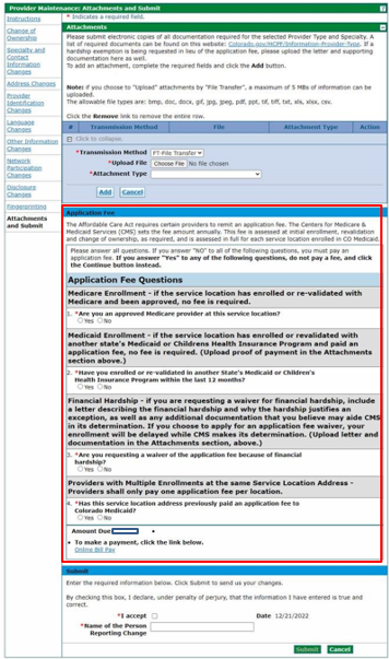 Screenshot showing attachment and fees required