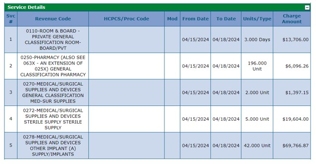 Screenshot of service details for revenue or HCPCS procedure codes