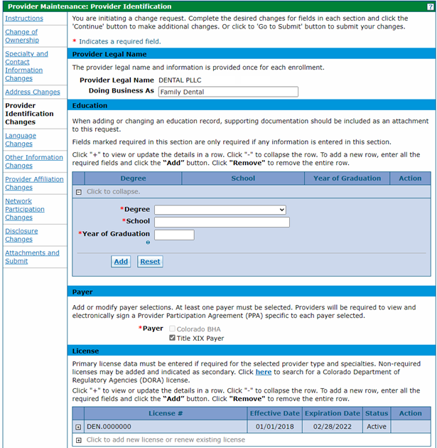 Screenshot of Provider Identification Changes panel.