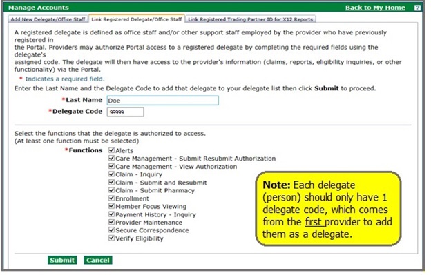 screenshot showing Link Registered Delegate/Office Staff filled out