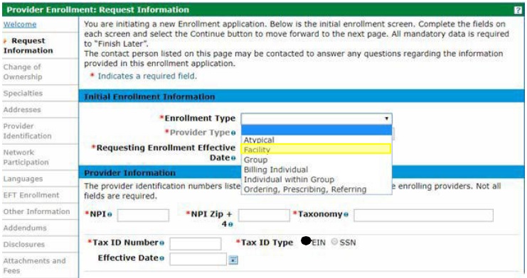 request information page with Facility highlighted