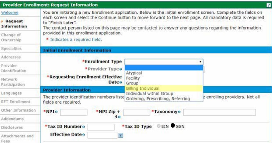 request information page with Billing Individual highlighted