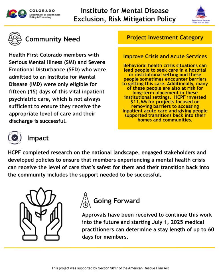 Policy to extend care days for members with serious mental illness in IMD facilities