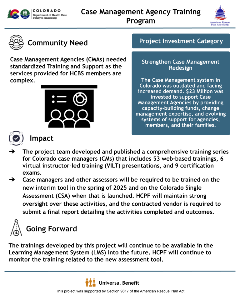 An infographic titled "Case Management Agency Training Program" details HCPF's development of a standardized training series with 53 web-based modules, 6 virtual instructor-led sessions, and 9 certifications. Training prepares CMAs for the 2025 rollout of the Colorado Single Assessment (CSA) tool. HCPF will monitor training through a Learning Management System (LMS). Project category: Strengthen Case Management Redesign. Icon represents universal benefit.