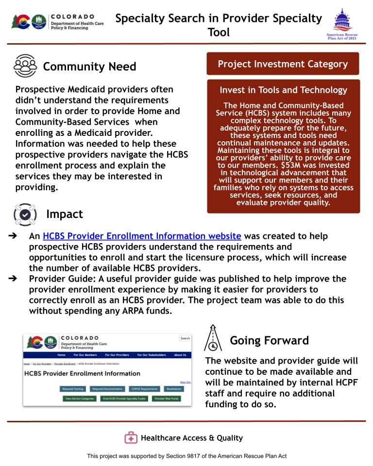 Website and guide to assist Medicaid providers with HCBS enrollment and specialties