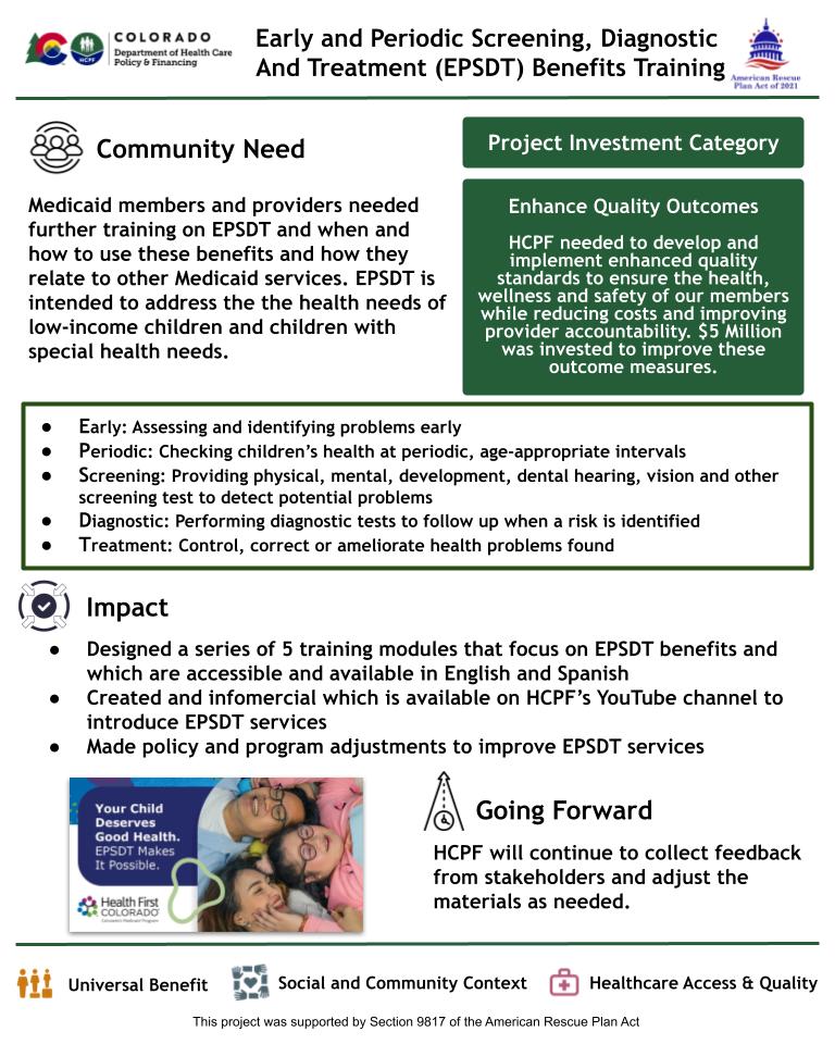 Thumbnail of the project outcome summary for 8.11 - Early and Periodic Screening, Diagnostic, and Treatment (EPSDT) Benefits Training (previously named Quality Measures and Benefits Training)