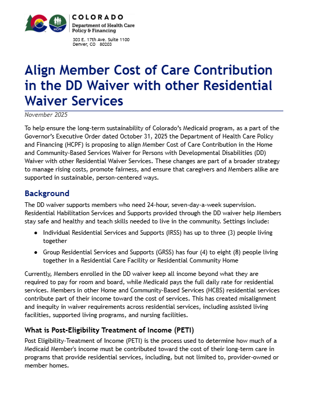 Thumbnail of Align Member Cost of Care Contribution in the DD Waiver with other Residential Waiver Services Fact Sheet