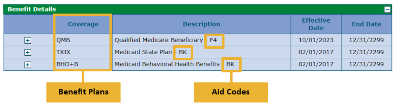 table displaying Benefit Plans and Aid Code examples