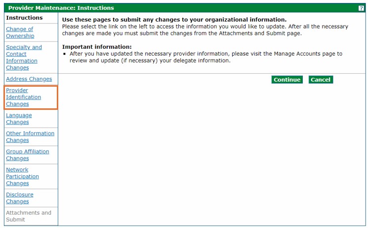 screenshot of provider maintenance instructions panel with Provider Identification Changes circled