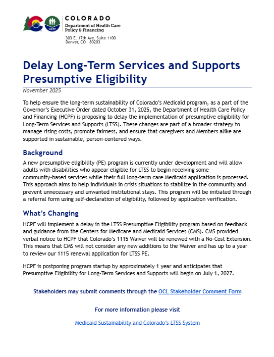 Thumbnail for Delay Long-Term Services and Supports Presumptive Eligibility Fact Sheet