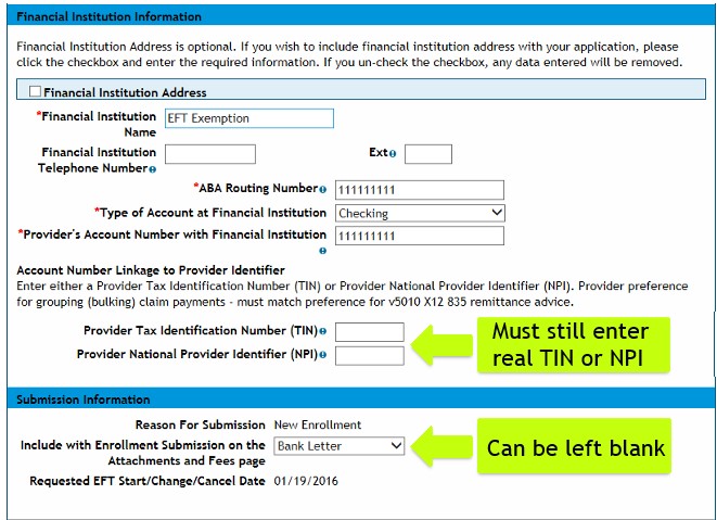 screenshot showing what and where to enter for EFT Exemption