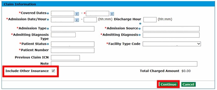 screenshot of claim information panel wit hInclude Other Insurance and Continue circled