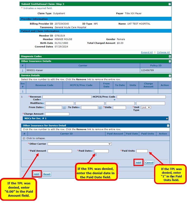 step3 submit institutional claim describing the fields used for denied, paid, and applied to deductible