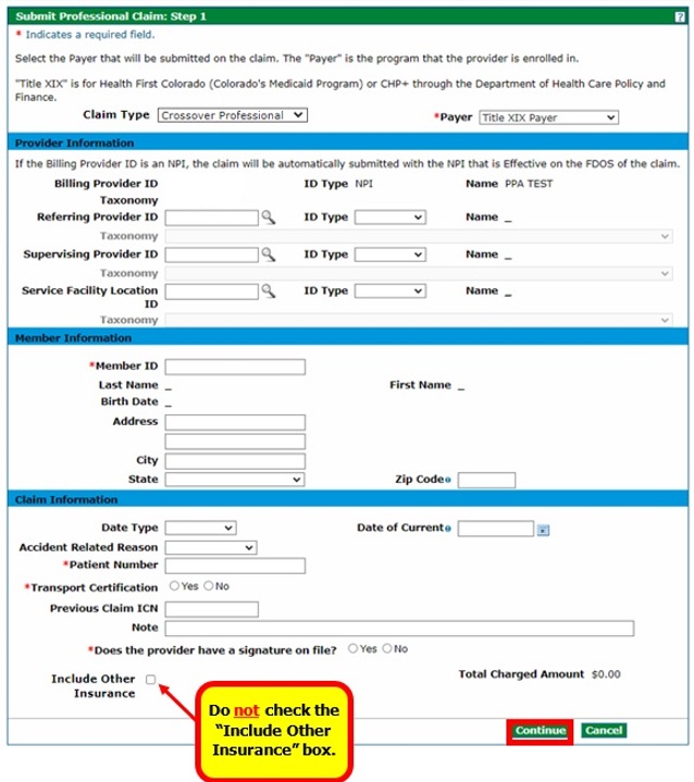 submit professional claim step 1 screenshot showing the Other Insurance box NOT CHECKED for Medicare